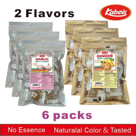 Kabeis Ginger and Garlic Flavored Chews Chewy Gummy Candy 1.76oz per bag(Pack of 6)