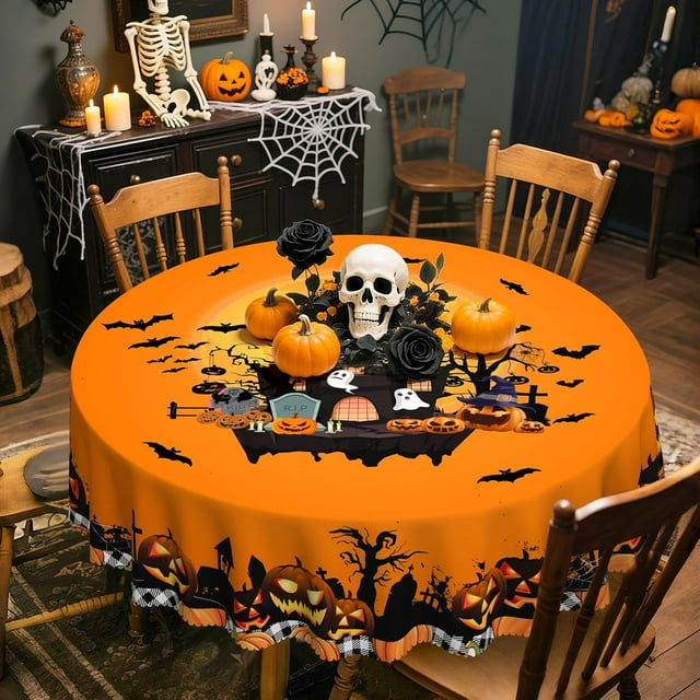 Round Tablecloth, 70In Round Table Cover, Halloween Terrifying Bat Table Cloth