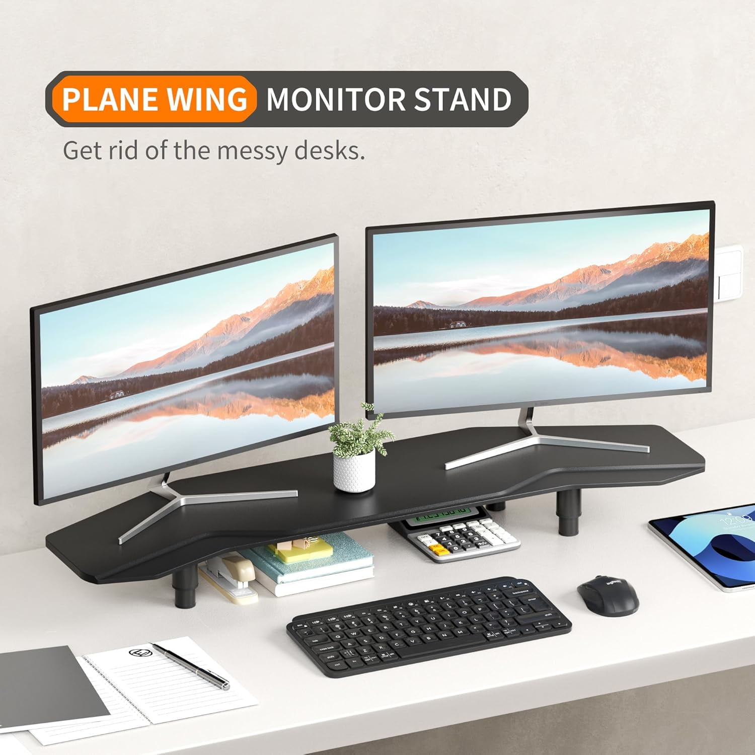39.4 Inch Dual Monitor Stand Riser Black, Plane Wing-Shaped Sturdy Computer Desk Riser for 2 Monitors, Adjustable Height Wood Monitor Stand for Laptop, Extra Long Storage Drawer