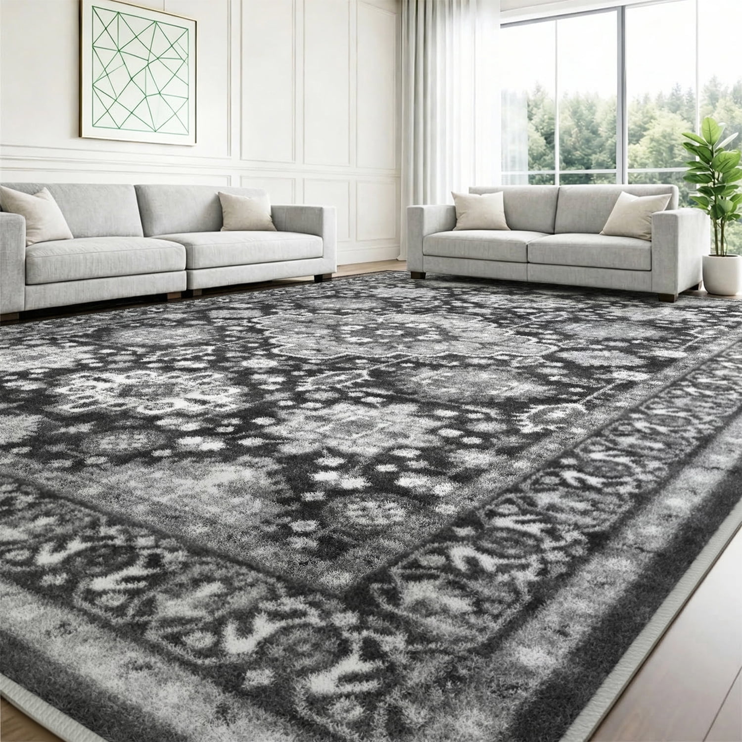 Area Rugs for Living Room, Quccifan 8'x10' Washable Vintage Boho Low Pile Non-Slip Soft Black Persian Distressed Carpet for Bedroom, Office