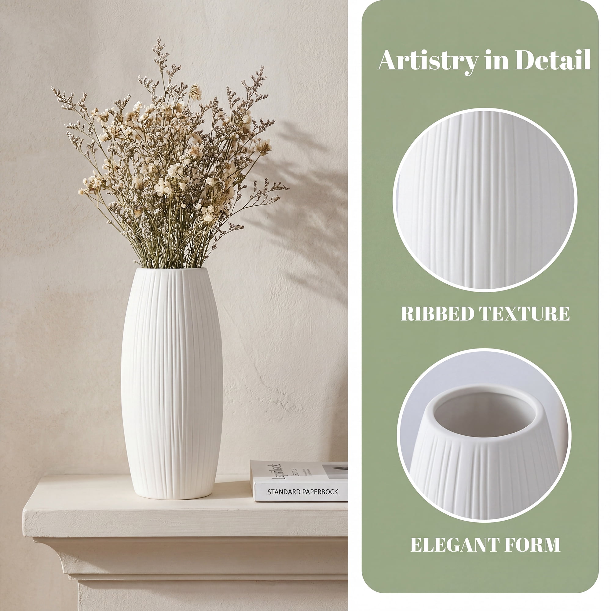 Unique Bargains Modern Decor Tall Ribbed Flower Vase Matte White 4.1" x 4.1" x 8.7"
