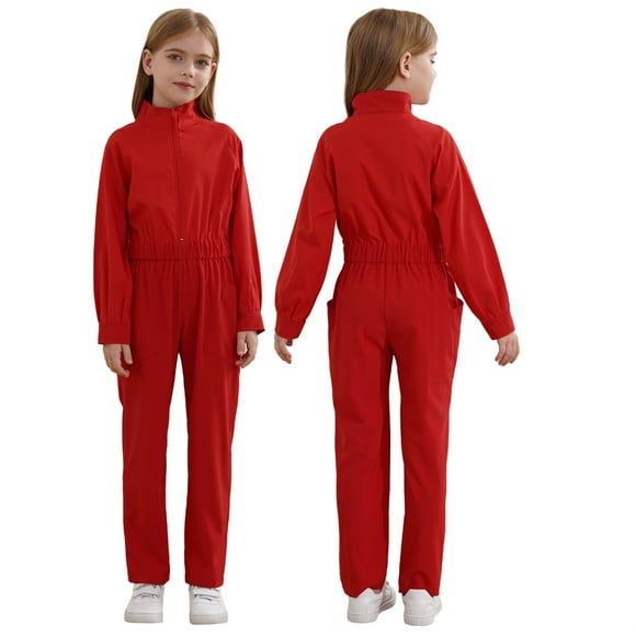 Yanarno Kids Coveralls for Girls Mechanic Boiler Suit Casual Jumpsuit with Pockets One Piece Romper Red 14