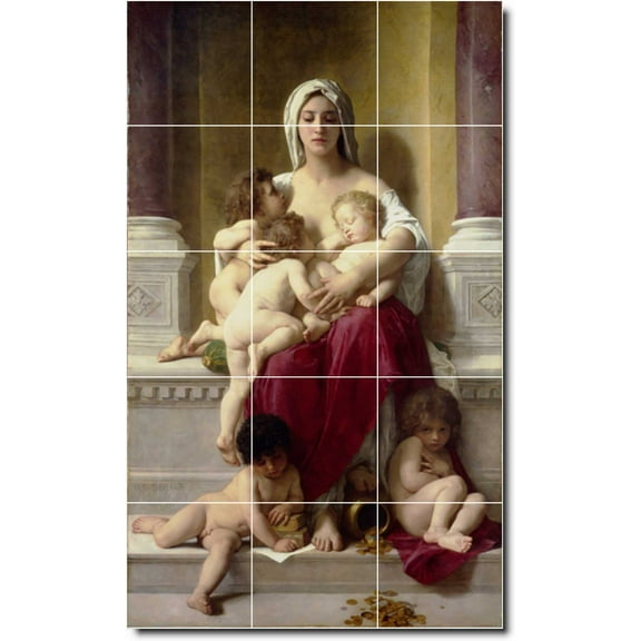 Ceramic Tile Mural-William Bouguereau Mother Child Painting 46. 12.75" w x 21.25" h using (15) 4.25 x 4.25 ceramic tiles
