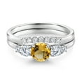 thumbnail image 3 of Gem Stone King 10K White Gold Yellow Citrine and White Lab Grown Diamond 5 Stone Bridal Engagement Wedding Ring Set for Women (1.03 Cttw, Round: 5MM and 3MM, Size 6), 3 of 6
