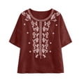 thumbnail image 5 of Vinsonshop Cotton Linen Embroidered Casual Blouses for Women Short Sleeve Crewneck Boho Floral Shirts Flowy Tunic Peasant Tops Lightweight Loose Fit Summer Everyday Wear Wine 4XL, 5 of 5