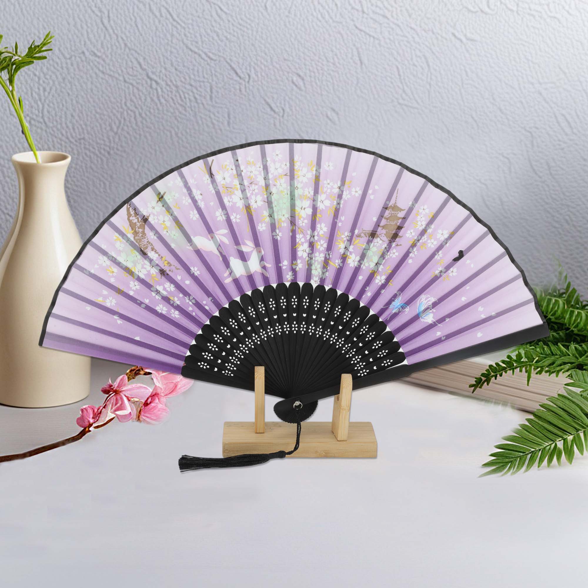 Unique Bargains Ancient Style Folding Fan 1Pc Purple [Flower in Mirror Moon in Water]