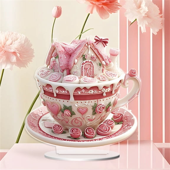 2Pcs 2D Christmas Gingerbread House Decor with Snowman Candy Canes for Tabletop Centerpiece (Pink)
