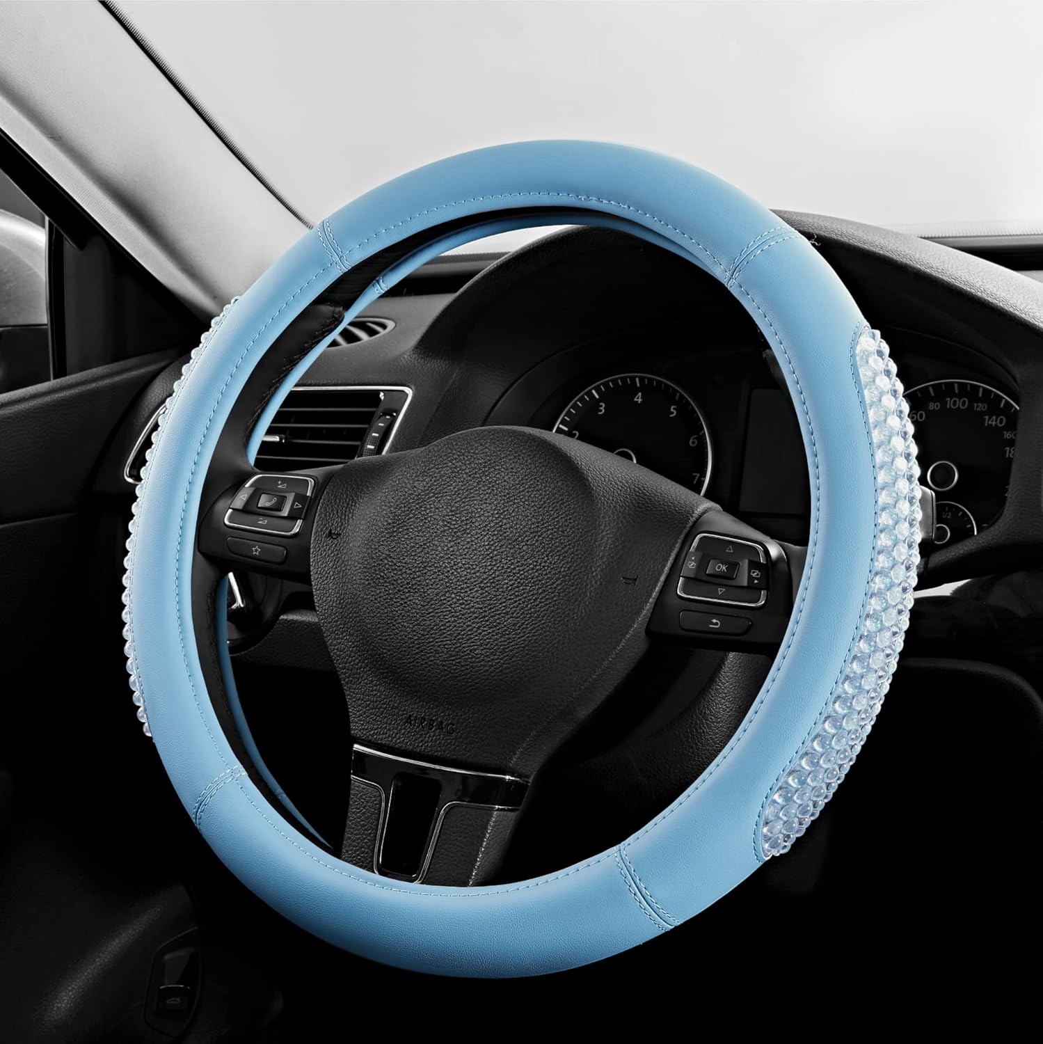 Gel Particles Steering Wheel Cover, Blue Luxury Leather Car Steering Wheel Protector, Universal Fit 14.5"-15.5" Anti-Slip Car Interior Accessories for Girls & Womenn