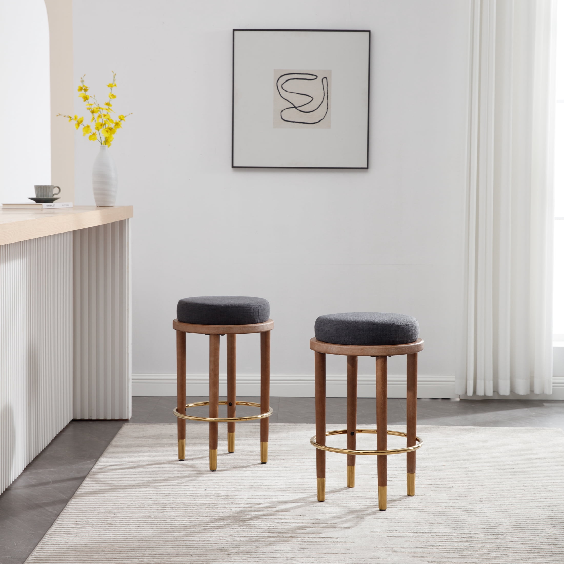 Guyou 26" Backless Counter Height Bar Stool Set of 2, Modern Round Linen Upholstered Stools, Farmhouse Wooden Kitchen Island Chairs for Restaurant Kitchen Bistro, Charcoal
