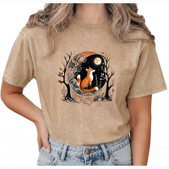 Giffimy Women's Brown Woodland Fox Moon Vintage Washed T-Shirt Short Sleeve S-2XL Relaxed Fit Top