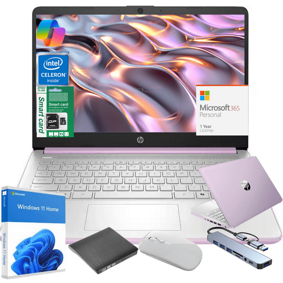 HP 14" Ultra Thin Laptop, Intel Quad-Core Processor, 4GB RAM, 384GB (128GB eMMC 64GB SD Card), Windows 11 Home, 1 Year Microsoft Office 365, Lightweight Notebook for Work or School, Gift Set(Purple)