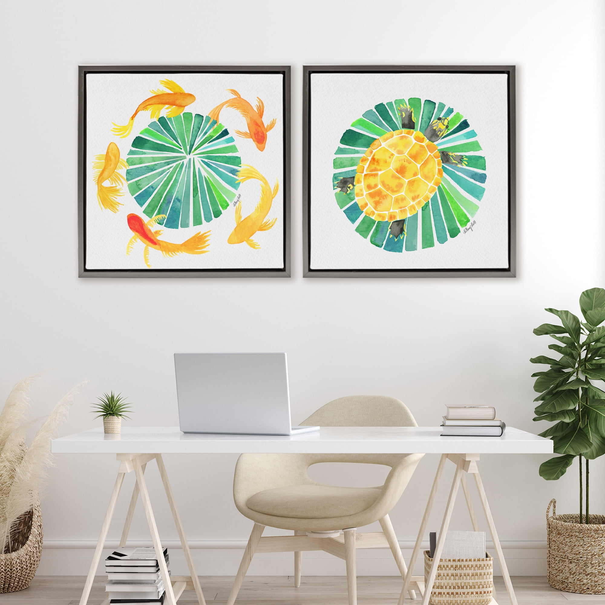 Stupell Industries Orbital Aquatic Creatures 2 Piece Gray Framed Floater Canvas Set, design by Hillary Holt