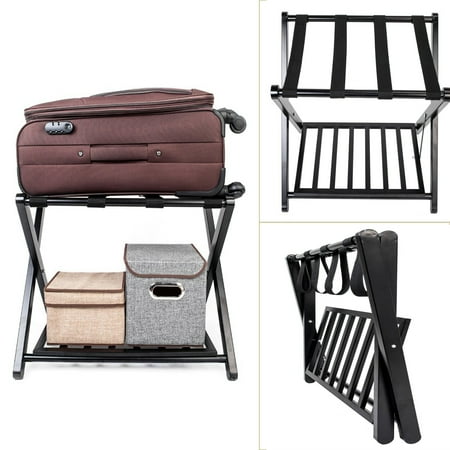 Luggage Stand - Zimtown Luggage Rack Suitcase Stand Two Tiers with Support Straps, Extension for Suitcases Prime Bedroom,Portable Folding with Shelf Iron Stoving Varnish Storage Bag ,Black