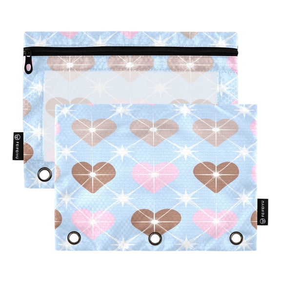 2 Pack 3 Ring Binder Pouch with Clear PVC Window Water Resistant Zipper Pencil Pouch Retro Star Grid Heart Pattern Binder Pocket for Classroom Office Home Stationery Organization