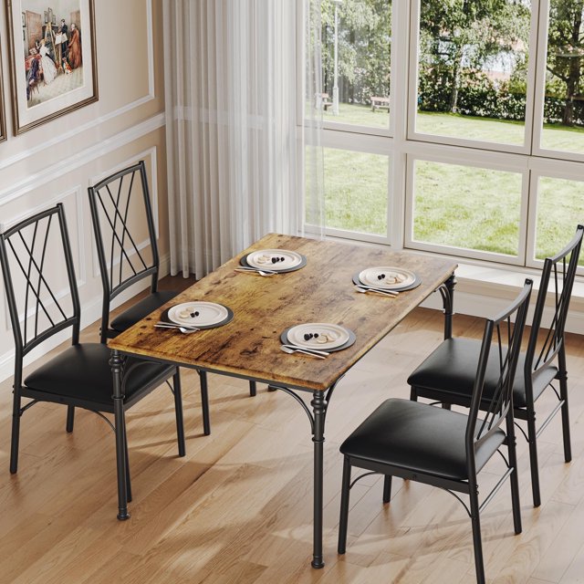 Cherish 44IN Dining Table with 4 Chairs,Kitchen Table Set, 5 Piece Industrial Dining Room Table Set with Roman Columns for Small Space, Kitchen, Apartment,Upholstered Chairs