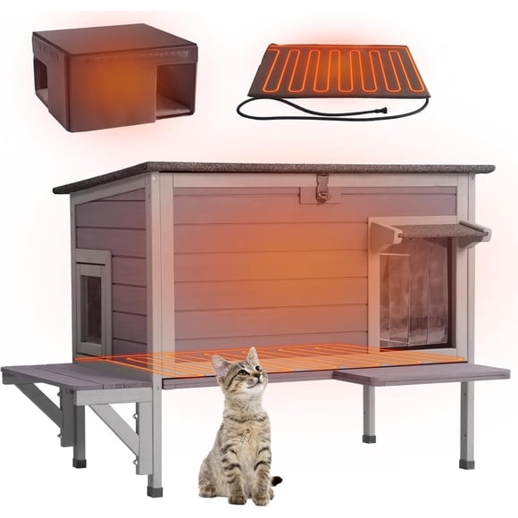 Aivituvin Cat House with Insulated Liner, Heated Feral Cats Shelter, Time Temperature Control, Weatherproof Cat Condos Outdoor Indoor