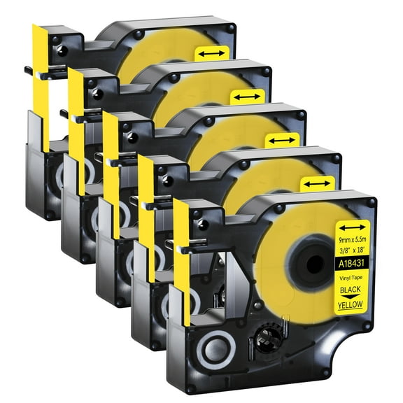 GREENCYCLE 5PK Compatible for DYMO 18431 9mm 5.5m Black on Yellow Vinyl Label Maker Tape