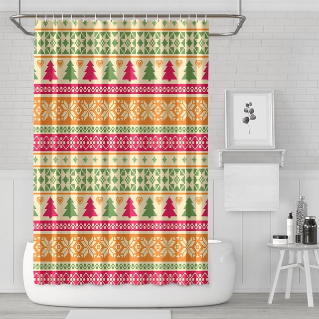 Rideau de Douche pour Salle de Bain Xmas Forêt Rustique Ferme Triangle Arbre Rideau de Salle de Bain Durable Moderne Crochets de Rideaux de Salle de Bain Inclus,72x72 Pouces