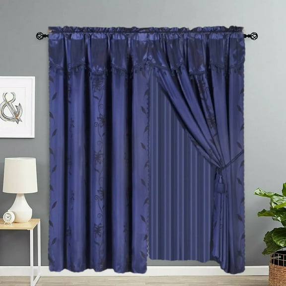 Nada Navy Blue Complete Set Window Curtain Floral Faux Silk Panels Attached Valance and Backing Sheer Rod Pocket 120" W X 84" L