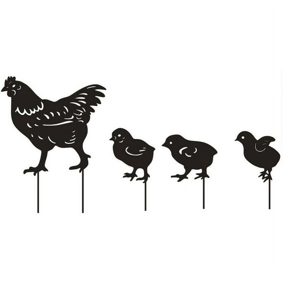 Set of 4 Hen Shaped Metal Stakes, Hen Shaped Yard Decoration, Metal Yard Decoration, Black,T-Audace