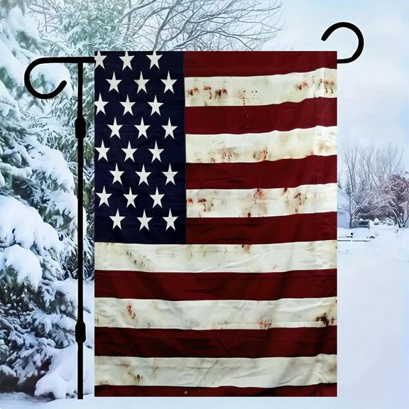 RKSupls Patriotic Linen Double Sided Garden Flag, Independence Day Themed Yard Decor, Weathered American Flag with Dark Stains Outdoor Banner for Holiday Lawn