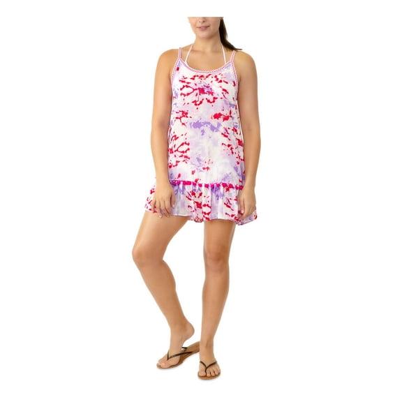 MIKEN Women's Purple Printed Pom-Pom Accents Scoop Neckline Adjustable Ruffled Swimsuit Cover Up XL