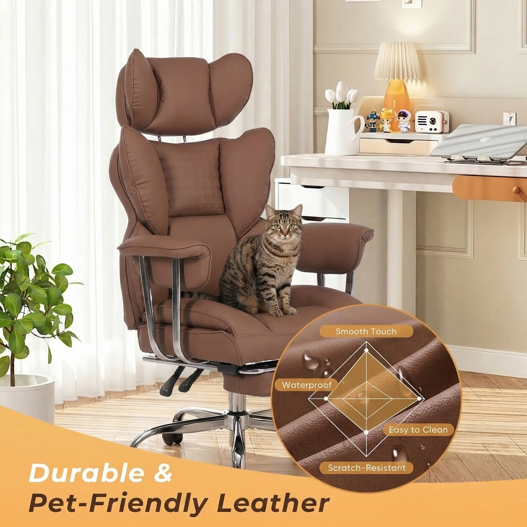 CONCETTA Ergonomic Big and Tall Office Chair, Scratch-Resistant PU Leather Executive Desk Chair with Spring Lumbar Support Brown