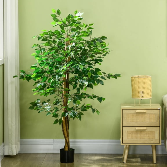 Artificial Plants HOMCOM 5ft Artificial Ficus with Pot, Indoor Outdoor Fake Plant for Home Office Living Room Décor,House Plants