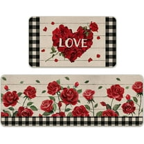 Valentine''s Day Red Rose Flower Kitchen Rugs Set of 2, Love Floral Buffalo Plaid Check Farmhouse Kitchen Mats Decor, Anniversary Wedding Floor Door Mat Home Decorations -17x29 and 17x47 Inch