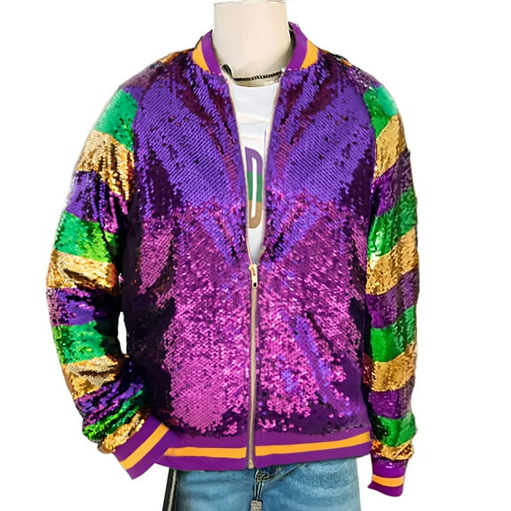 Outfmvch mardi gras jacket mardi gras sequin top mardi gras jackets for women workout tops for women Women's Carnival Long Sleeve Sequin Long Sleeve Cardigan Jacket Top Purple L