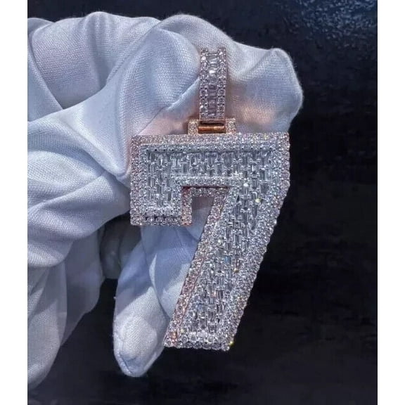 3Ct Baguette Cut Real Moissanite Customize Number Pendant 14K Rose Gold Plated 925 Silver