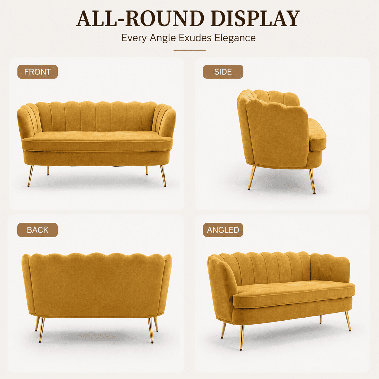 MOONMISS Chenille 2-Seater Loveseat with Gold Legs,Scallop-Tufted Curved-Back Sofa for the Living Room or Bedroom,Yellow