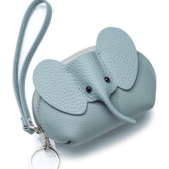 Cute Elephant Shape Women's Small Compact Zipper Luxury Genuine Leather Pocket Wallet , Mini Change/Coin Bag with Keychain