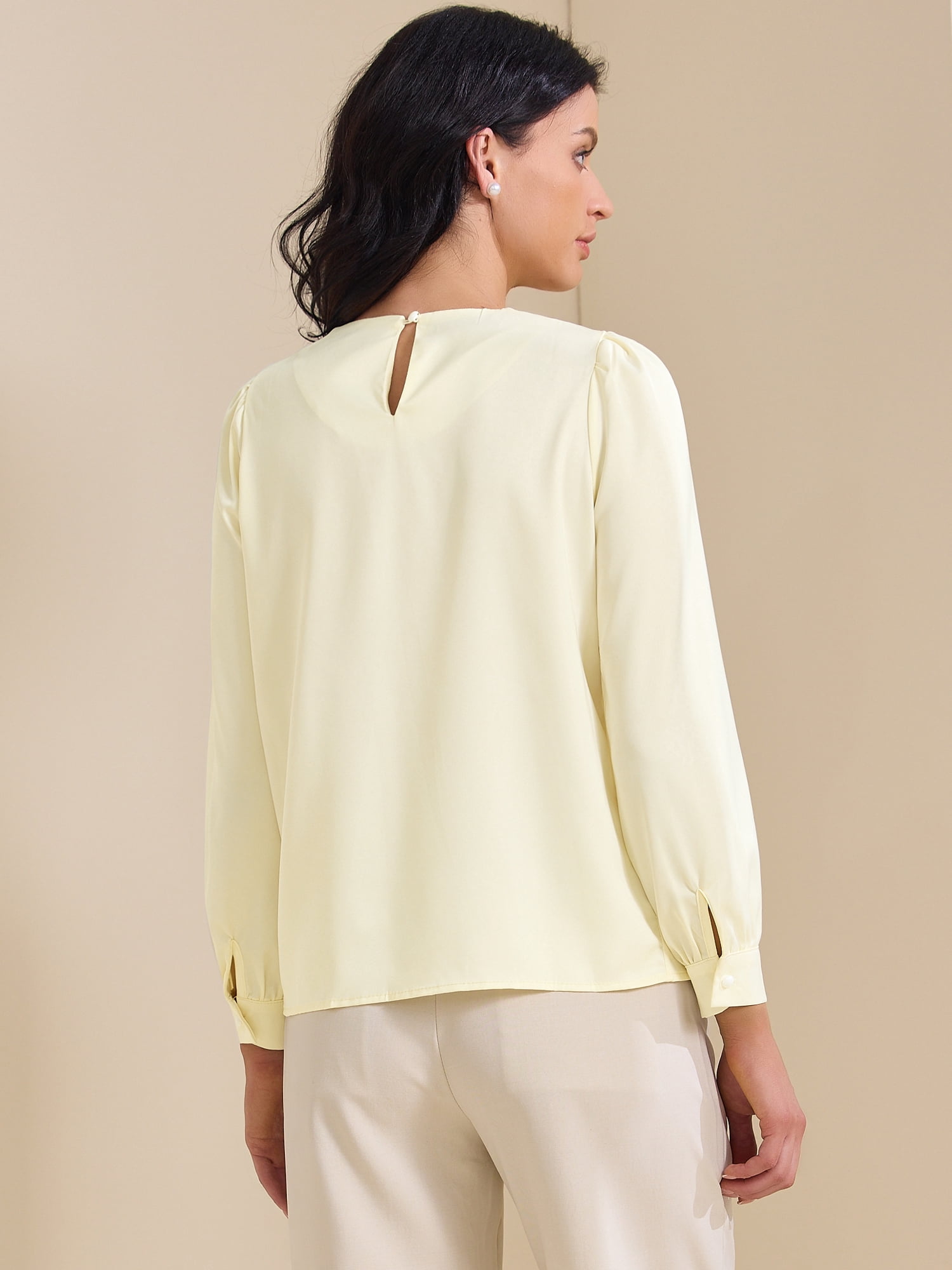 DARING DIVA Women's Elegant Blouse Pearl Decor Ruched Crew Neck Shirt Top S Beige