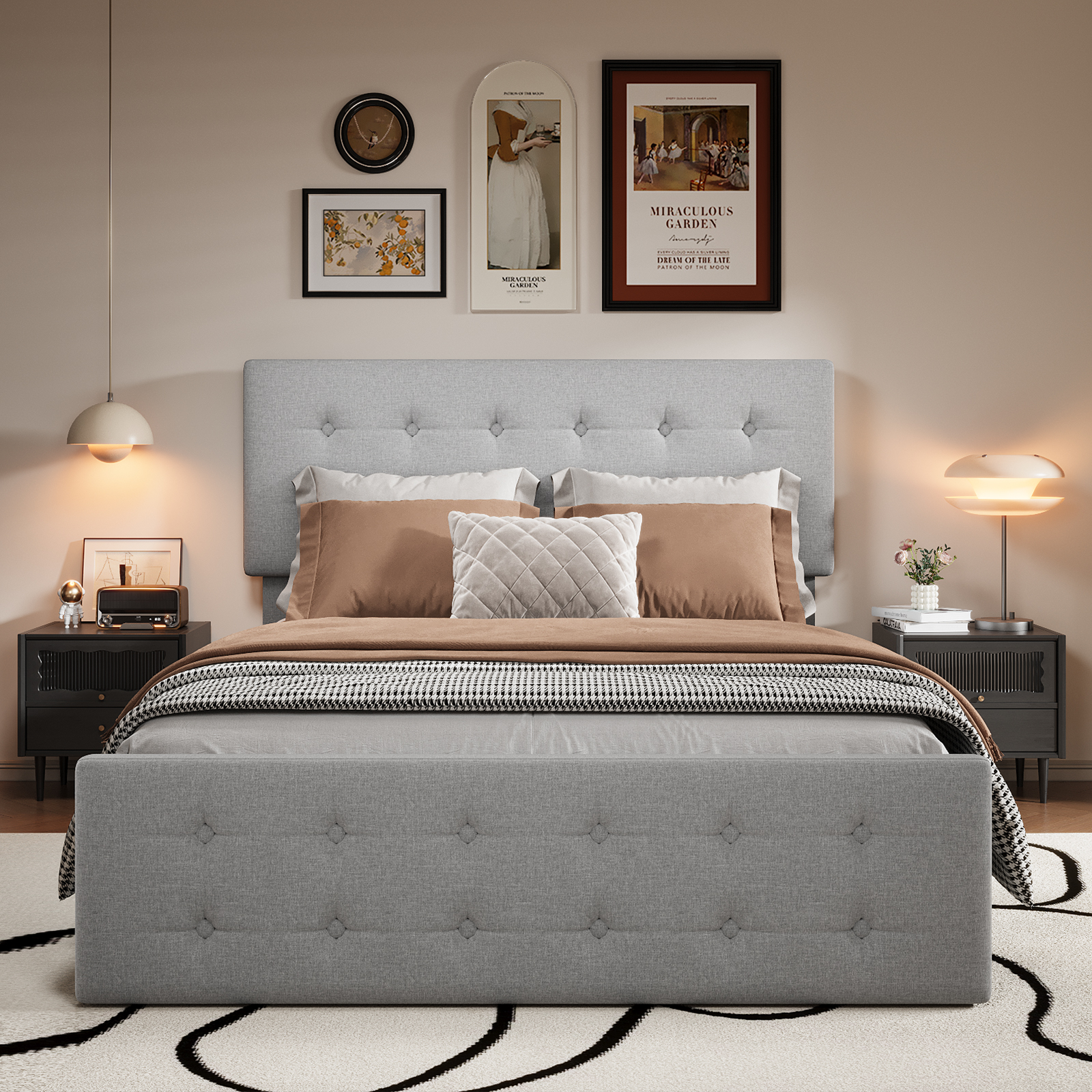 Full/Queen/King Size Upholstered Platform Bed Frame - Adjustable Headboard & 4 Storage Drawers, Button Tufted Design, No Box Spring Needed