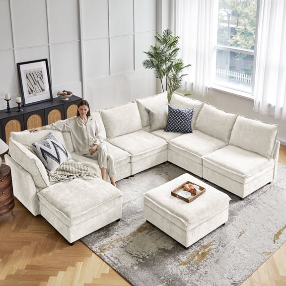 Tina's Home 131" Oversized Modular Sectional Sofa Beige with Storge Ottoman Living Room set