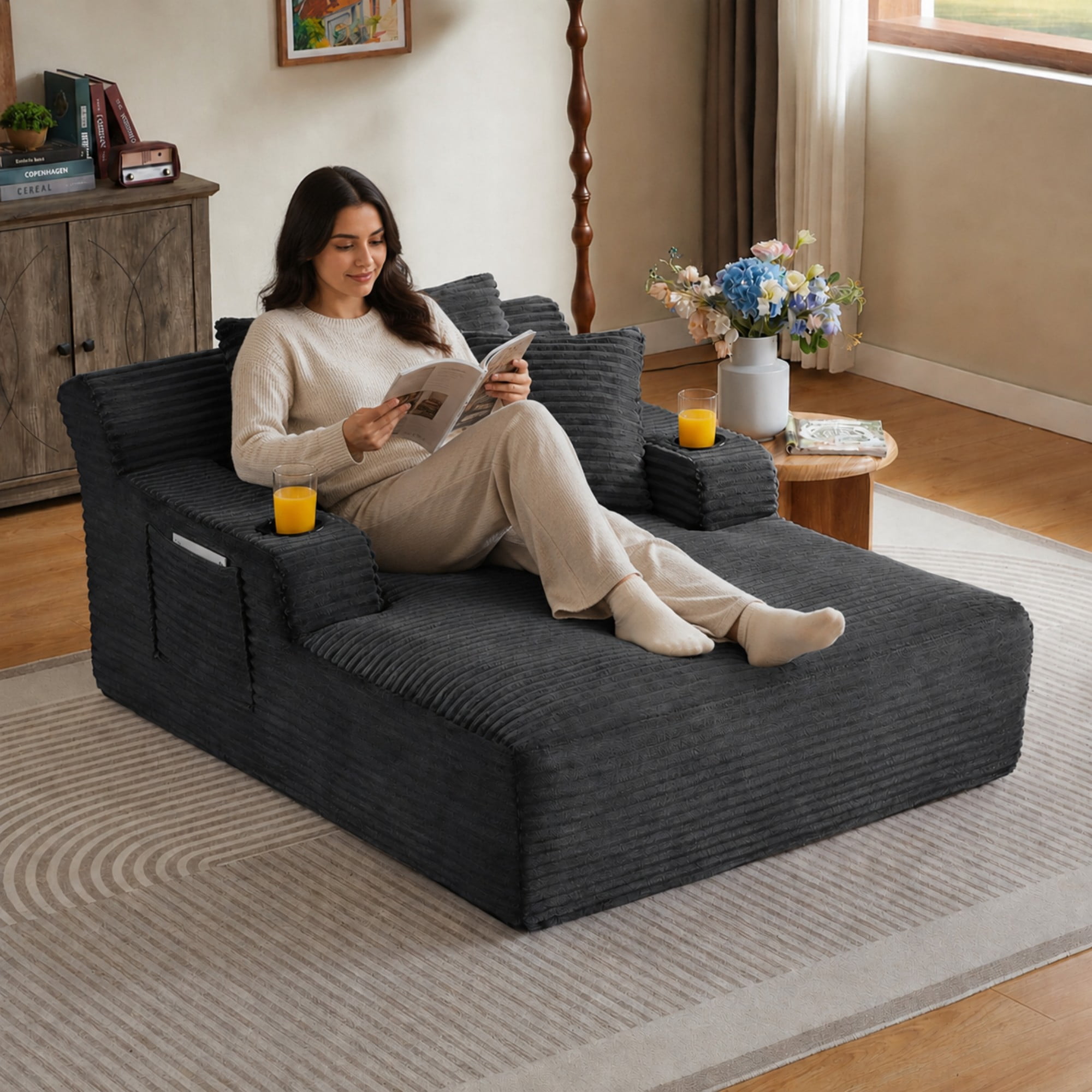 BSHTI 66.1" Corduroy Oversized Chaise Lounge Chair with Cup Holder, Side Pockets and Boneless Design for Living Room（Dark Gray）