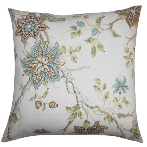 The Pillow Collection Ululani Green/ Brown Floral 18inch Feather and