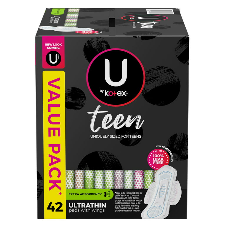 U by Kotex Teen Ultra Thin Feminine Pads with Wings, Extra Absorbency,  Unscented, 42 Count