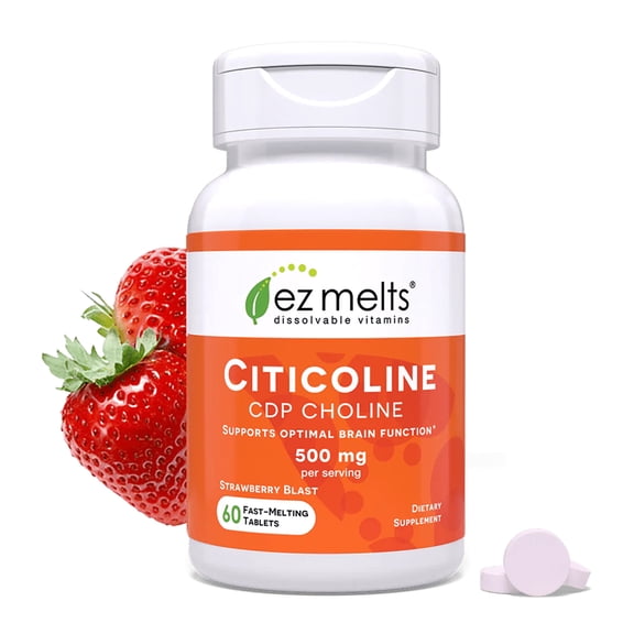 EZ Melts Citicoline - Brain Health & Memory Support Supplement - No Artificial Flavors - Non-GMO & Vegan - Strawberry Blast - 60 Dissolvable Tablets (30 Servings)