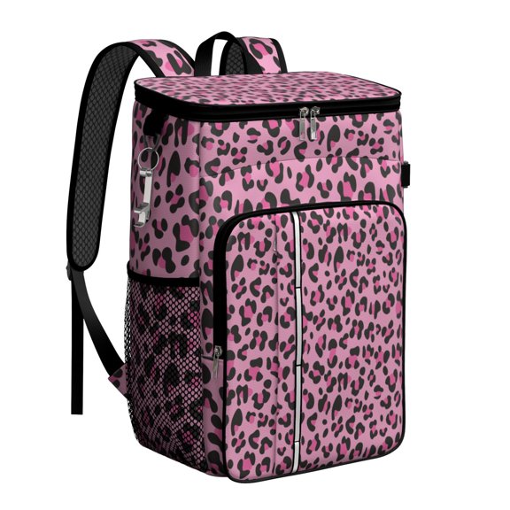Travel Cooler Bag - Pink and Black Of Leopard Print Camping Beer Cooler Backpack with Bottle Opener- Waterproof Insulated Picnic Backpacks - Cooler Bag for Beach