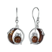 Genuine Baltic Amber Owl and Moon Earrings Fishhook in Sterling Silver