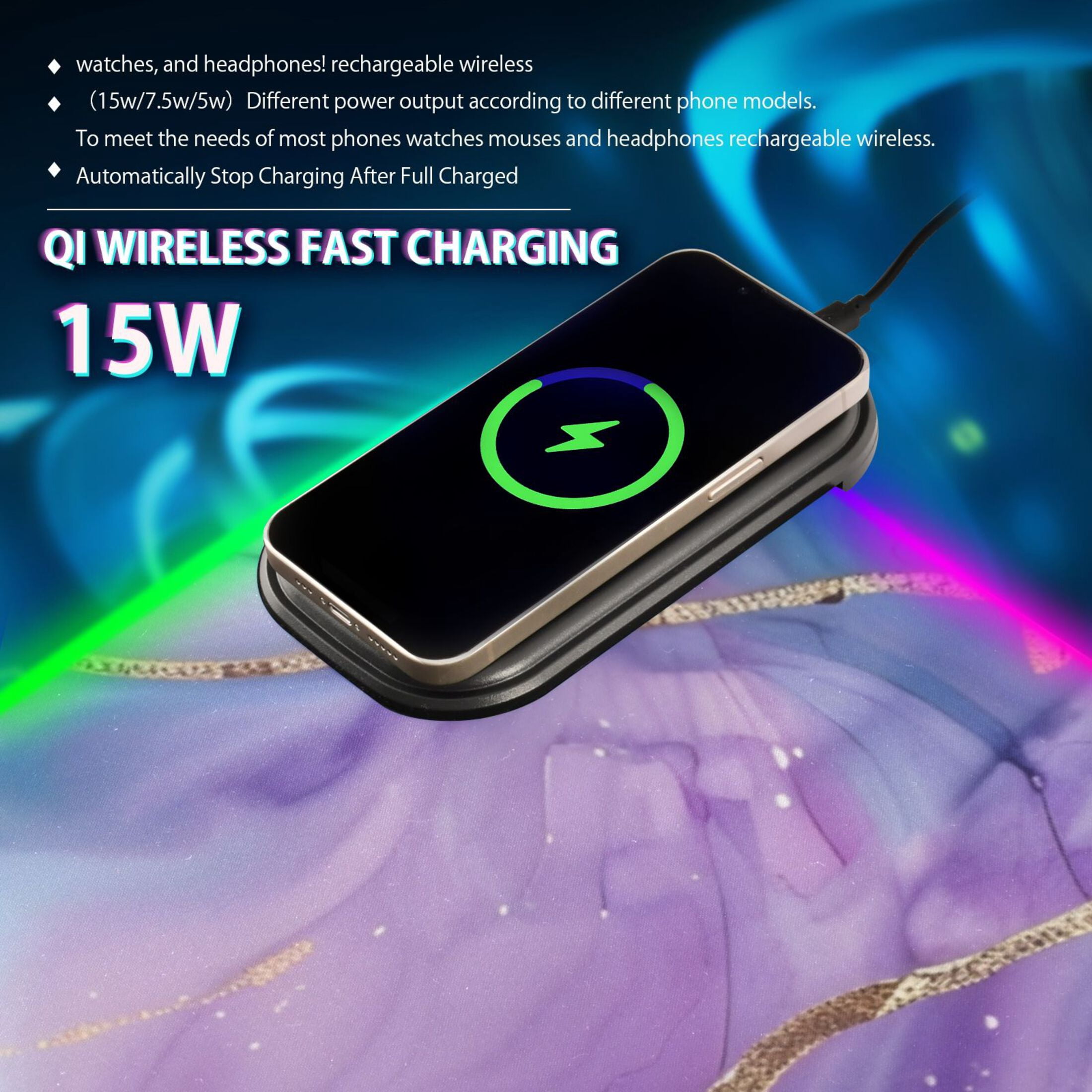 Wireless Charging Mouse Pad Large RGB Gaming Desk Mat 13 Light Modes Mousepad 35.4x15.7 Blue Purple Marble