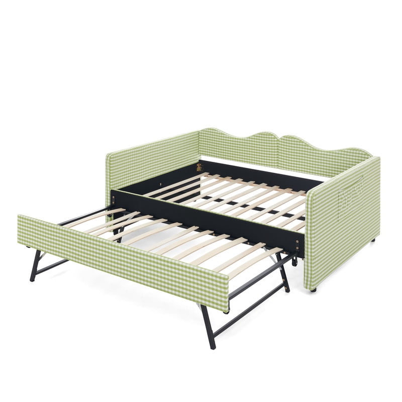 Full Size Gingham Daybed with Trundle, Upholstered Day Bed Frame with Side Storage Pocket & Wave-Shaped Backrest, Modern Sofa Bed for Living Room, Bedroom, No Box Spring Needed