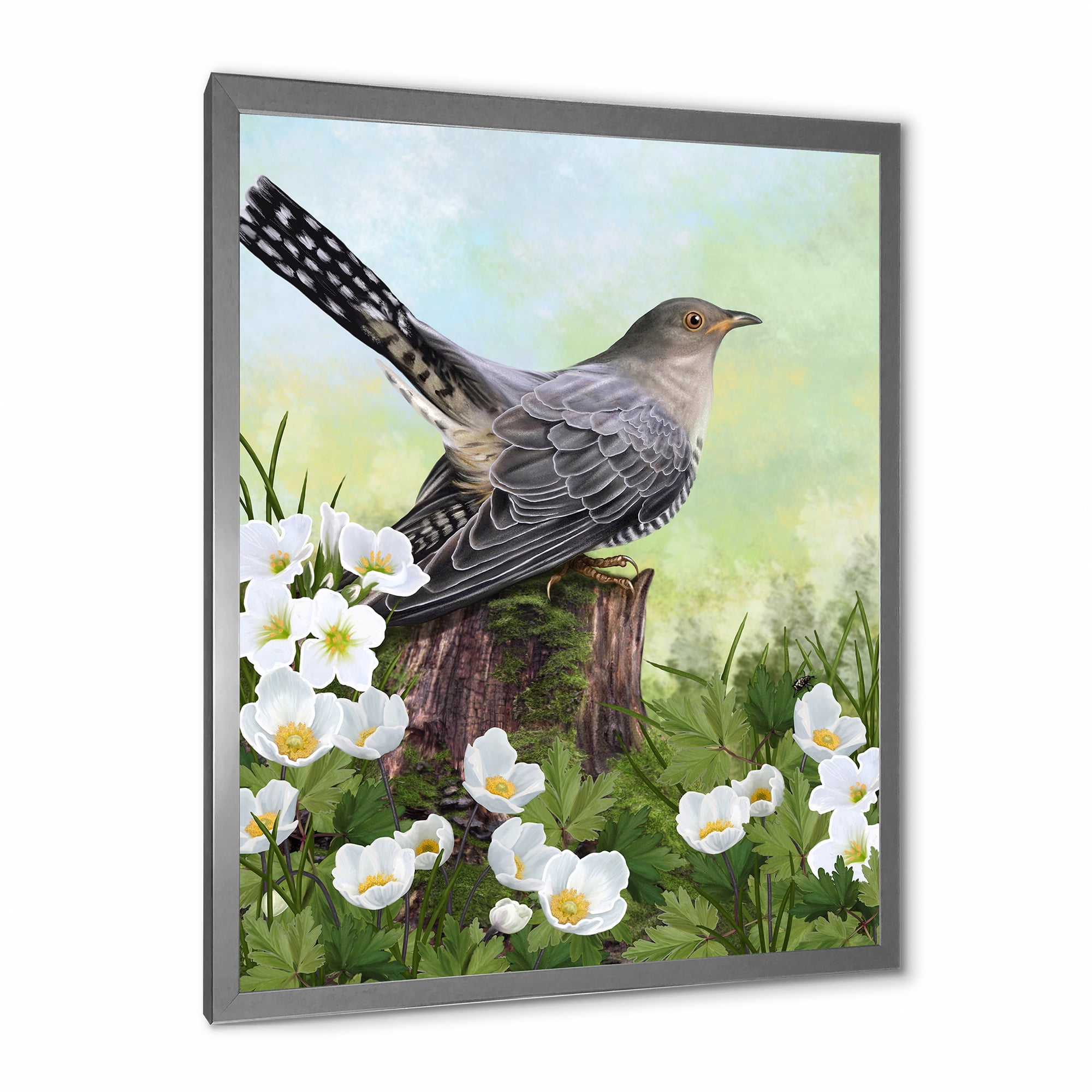 Designart 'Cuckoo Bird On An Old Stump and White Flowers' Traditional Framed Art Print
