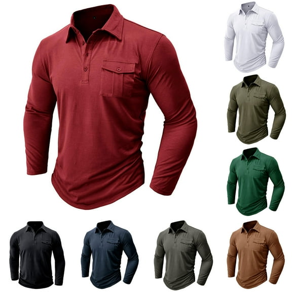 UVEASISHA Outdoor Sports Polos Shirts for Men Fall Casual Long Sleeve Golf Shirts Lightweight Stretch Slim Fit Workout Shirt Solid Color Button Golf Poloss with Pocket Prime Big Deal Days,Army Green,M