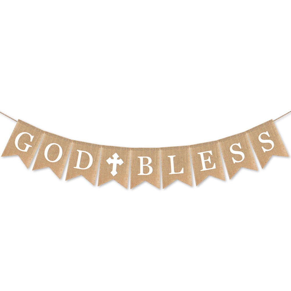 God Bless Baptism Burlap Banner Christening Baby Shower Birthday Wedding Decor Supplies New
