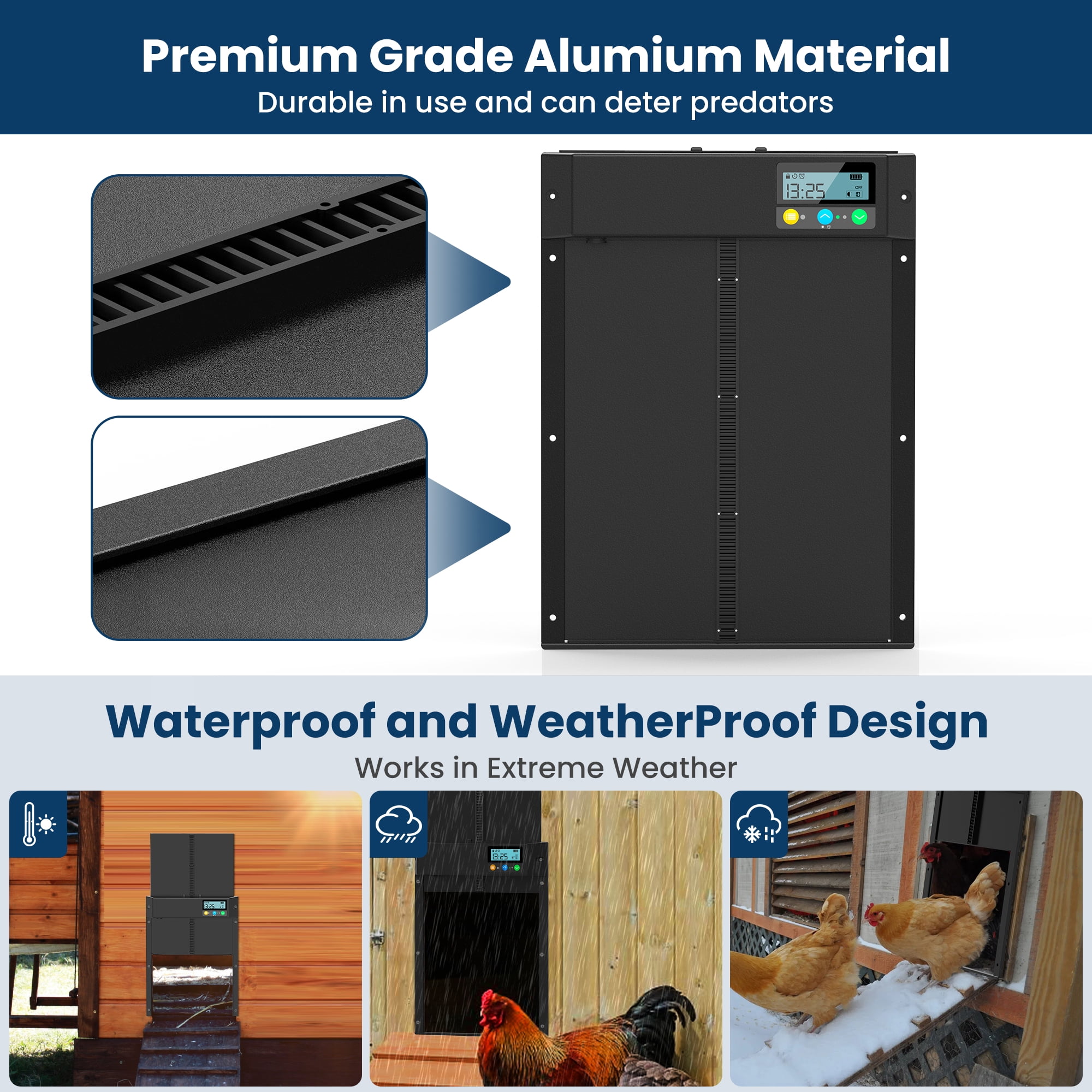 Solar Automatic Chicken Coop Door, Mollan Chicken Coop Door Opener with LCD Screen, Light Sensor/ Timer/ Remote Control Auto chicken Doors, Anti Pinch Waterproof Coop Door, Ideal for Chicken Breeding