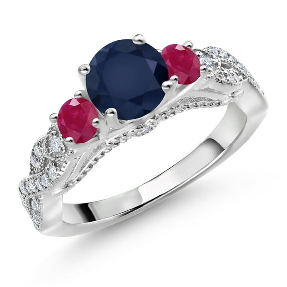 Gem Stone King 925 Sterling Silver Blue Sapphire Red Ruby and White Moissanite Engagement Ring for Women (1.68 Cttw, Gemstone September Birthstone, Round 6MM and 3MM, Size 9)