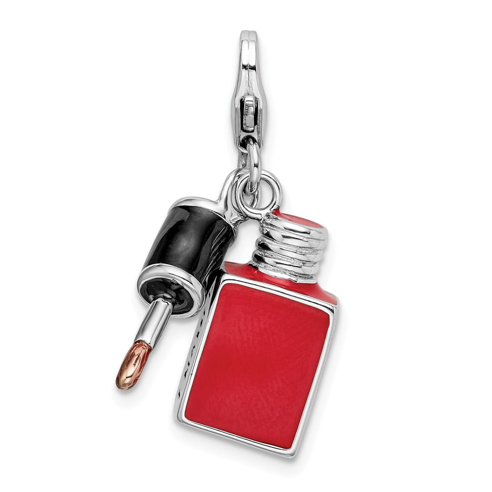 925 Sterling Silver RH Enameled 3-D Fingernail Polish With Lobster Clasp Charm Pendant; for Adults and Teens; for Women and Men